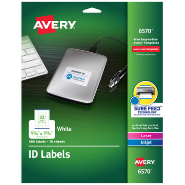 Avery ID Labels, Sure Feed Technology, Permanent Adhesive, 1.25